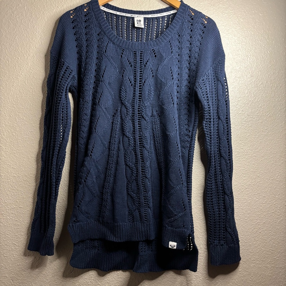 Roxy Women's Navy Crochet-Style Crewneck Sweater size XL Breathable Open-knit